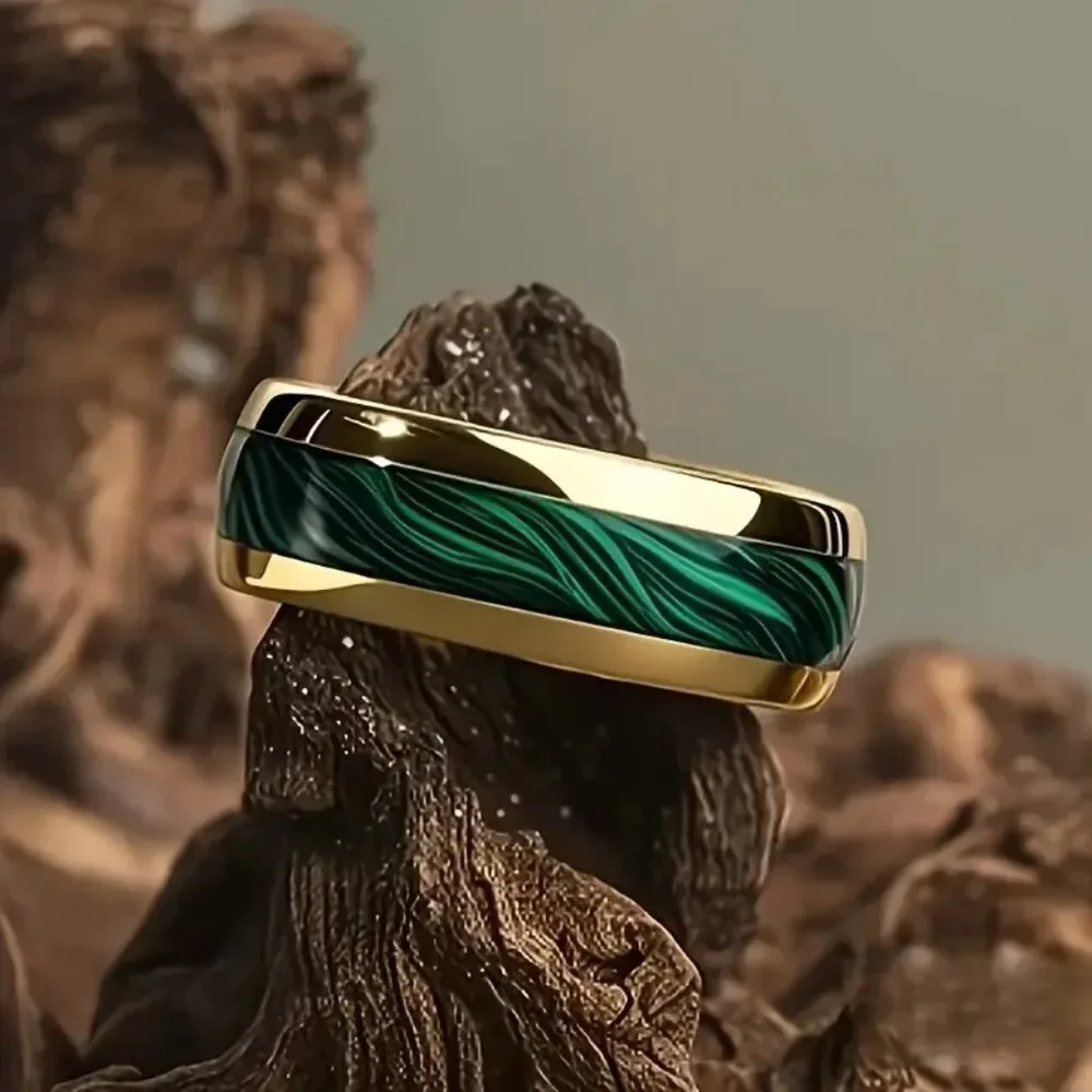 Tungsten Steel Men's Fashion Ring High Polished Green Marble & gold plated rims
